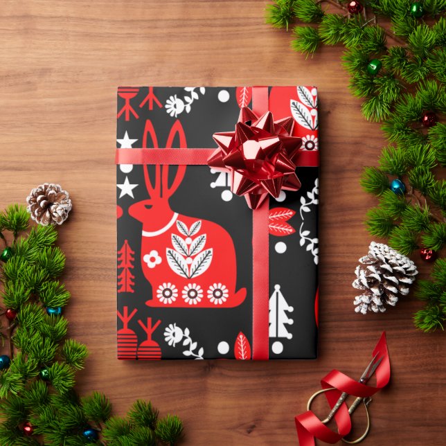 Papel De Regalo Arte folclórico nórdico escandinavo conejo (Regalo de vacaciones)