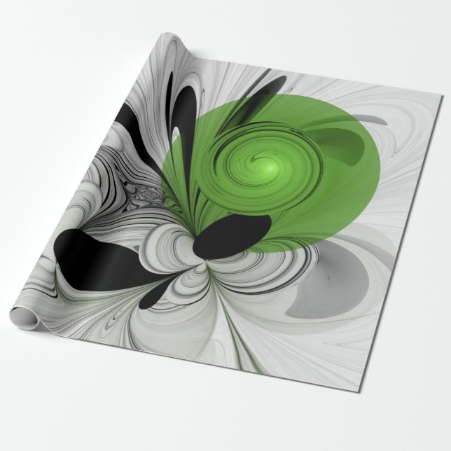 Papel De Regalo Arte fractal abstracto en blanco y negro con verde (Desenrollado)