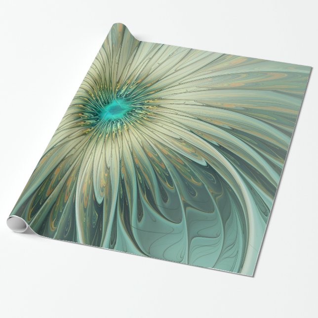 Papel De Regalo Arte fractal de flores de fantasía en verde salvia (Desenrollado)