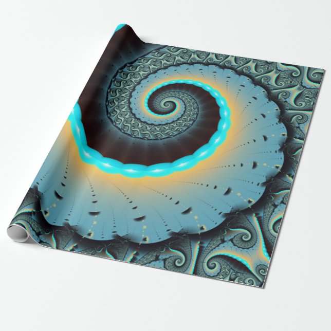 Papel De Regalo Arte fractal en espiral azul turquesa naranja abst (Desenrollado)