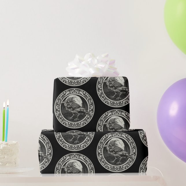 Papel De Regalo Arte Gráfico Raven Bird Blanco Gris negro (Regalos de fiesta)