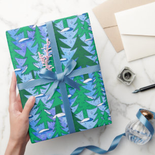 Papel De Regalo Arte Naíf Bosque de Abetos Invernal Verde Azul