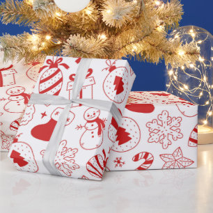 Papel De Regalo Arte Navideño Adorable Dibujado a Mano en Rojo