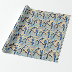 Papel De Regalo Arte Navideño de Azulejos Azules Vintage en Rama d