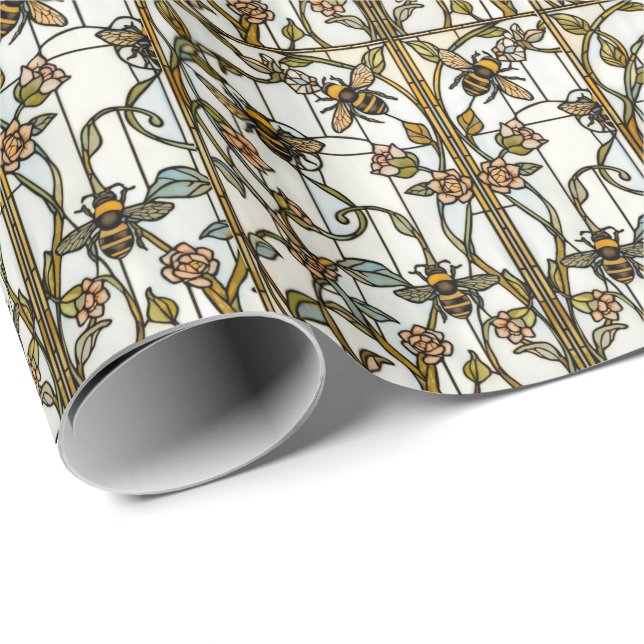 Papel De Regalo Arte nuevo elegante botánico abeja vidrio emplomad (Esquina del rollo)