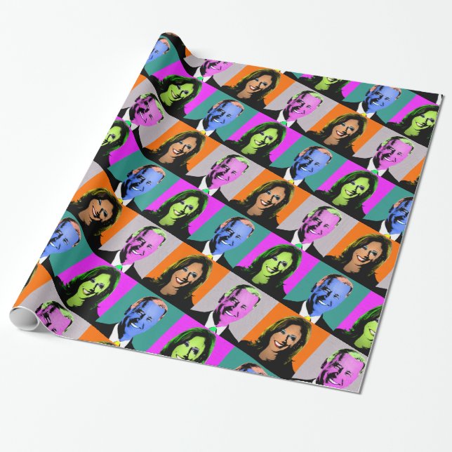 Papel De Regalo Arte pop Biden Harris (Naranja, gris, azul, rosa) (Desenrollado)