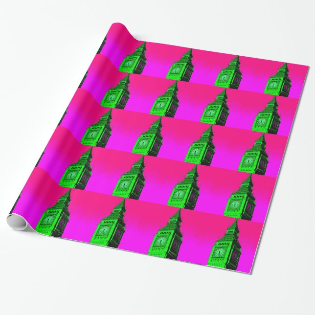 Papel De Regalo Arte pop Big Ben Londres Viaje verde rosa (Desenrollado)