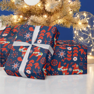 Papel De Regalo Arte Popular Dala Floral Sueca De Caballo Rojo Sob