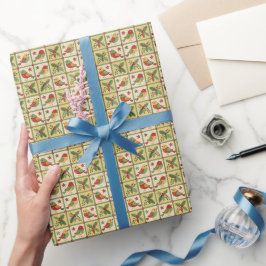 Papel De Regalo Arte popular vintage de Navidad pájaros y bayas de