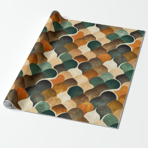 Papel De Regalo Arte Retro Deco Geométrico en Dorado y Verde Cálid