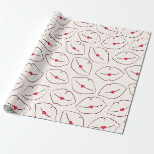 Papel De Regalo Arte Retro Pop Línea Arte Labios y Corazones Rojo 