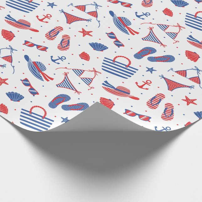Papel De Regalo Artículos de playa en blanco rojo azul (Esquina)