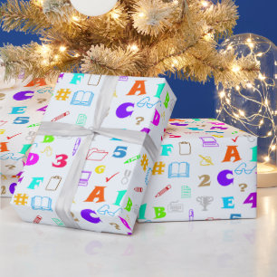 Papel De Regalo Artículos escolares coloridos, letras y números