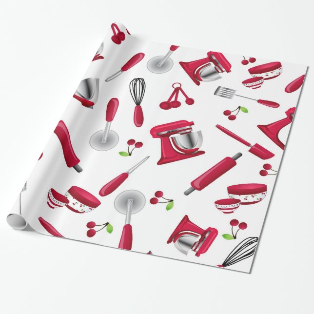 Papel De Regalo Artilugio rojo retro de la cocina (Desenrollado)