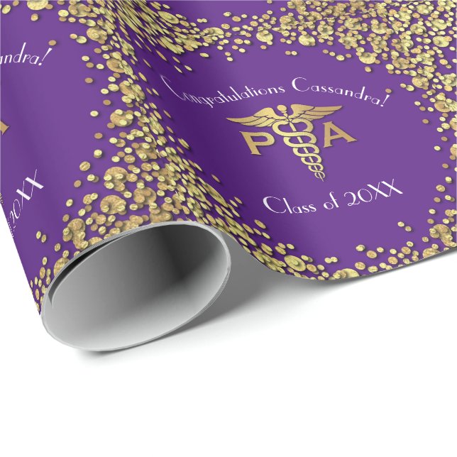 Papel De Regalo Asistente Médico Graduación Morado Dorado (Esquina del rollo)