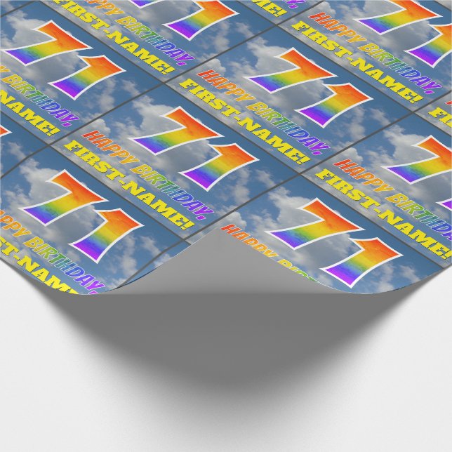 Papel De Regalo Aspecto arcoiris "71" y "FELIZ CUMPLEAÑOS", nubes, (Esquina)