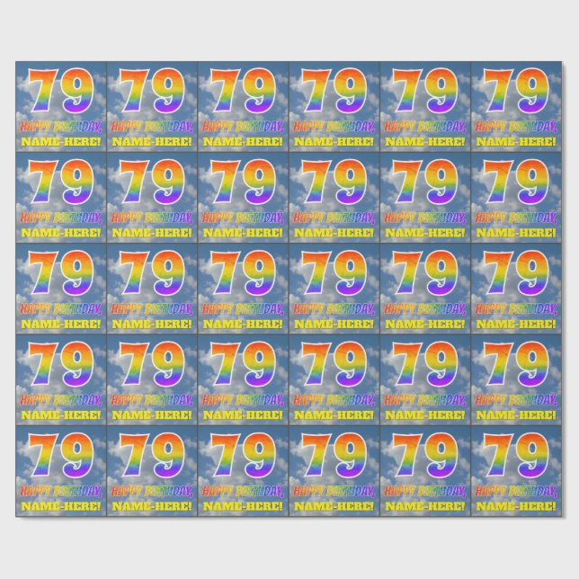 Papel De Regalo Aspecto arcoiris "79" y "FELIZ CUMPLEAÑOS", nubes, (Superficie plana)