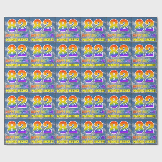 Papel De Regalo Aspecto arcoiris "82" y "FELIZ CUMPLEAÑOS", nubes, (Superficie plana)