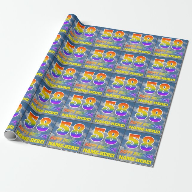 Papel De Regalo Aspecto de arcoíris "58" y "FELIZ CUMPLEAÑOS", Nub (Desenrollado)