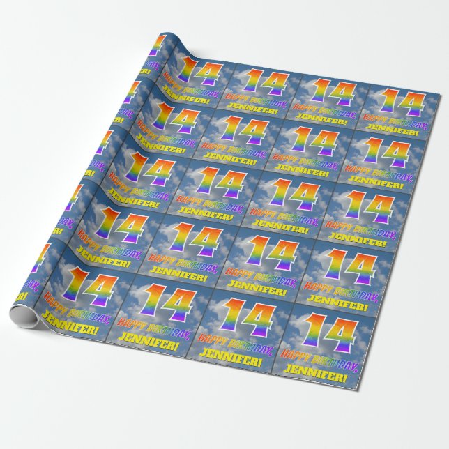 Papel De Regalo Aspecto del arcoiris "14" y "FELIZ CUMPLEAÑOS", nu (Desenrollado)