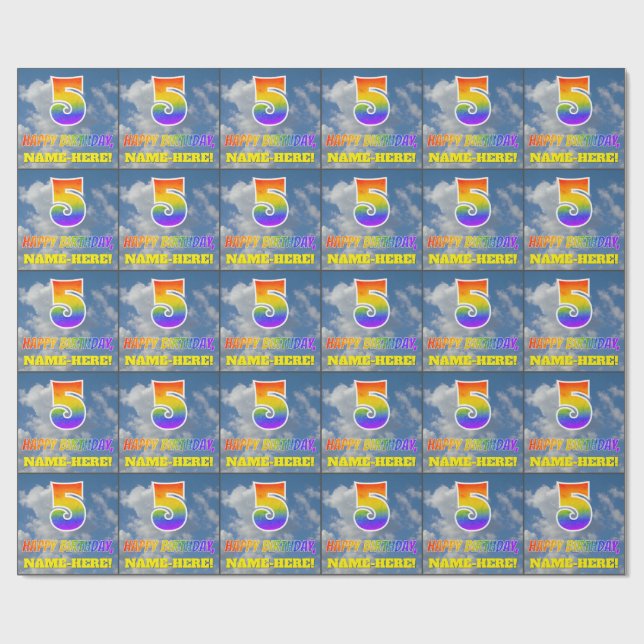 Papel De Regalo Aspecto del arcoiris "5" y "FELIZ CUMPLEAÑOS", nub (Superficie plana)