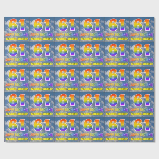 Papel De Regalo Aspecto del arcoiris "61" y "FELIZ CUMPLEAÑOS", nu (Superficie plana)