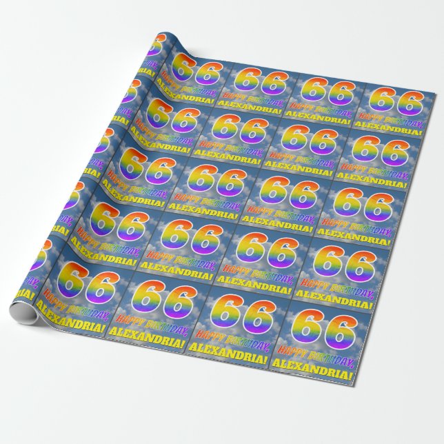 Papel De Regalo Aspecto del arcoiris "66" y "FELIZ CUMPLEAÑOS", nu (Desenrollado)