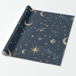 Papel De Regalo Astrología Luna Constelación Marfil Navy Vintage