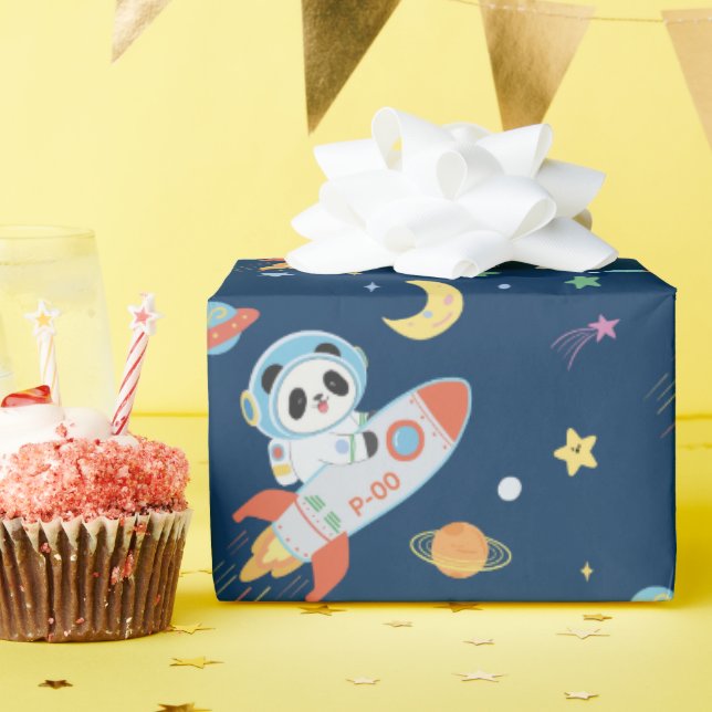 Papel De Regalo astronauta azul y naranja Panda (Fiesta de cumpleaños )