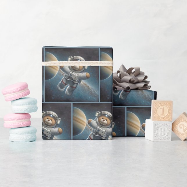 Papel De Regalo Astronauta De Oso De Teddy En El Espacio Ultraterr (Baby Shower)