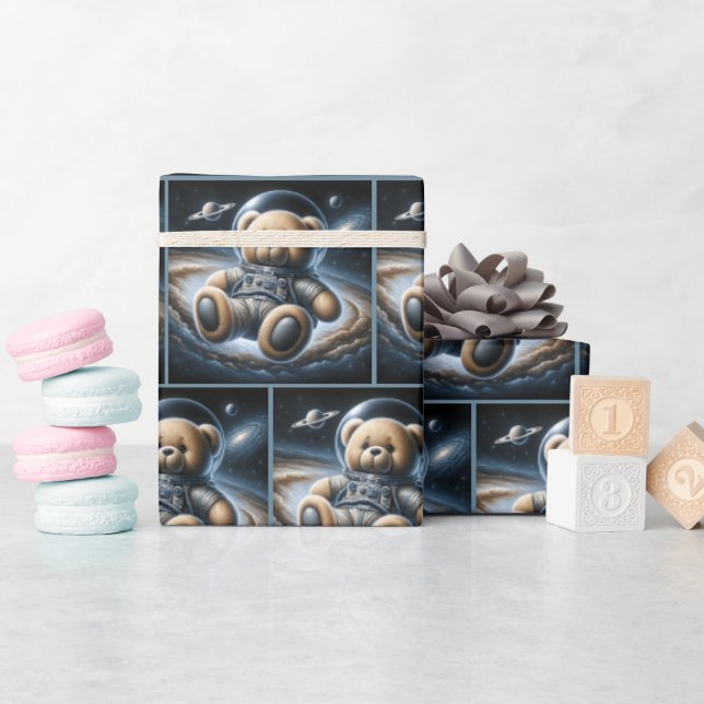 Papel De Regalo Astronauta De Oso De Teddy En El Espacio Ultraterr (Baby Shower)