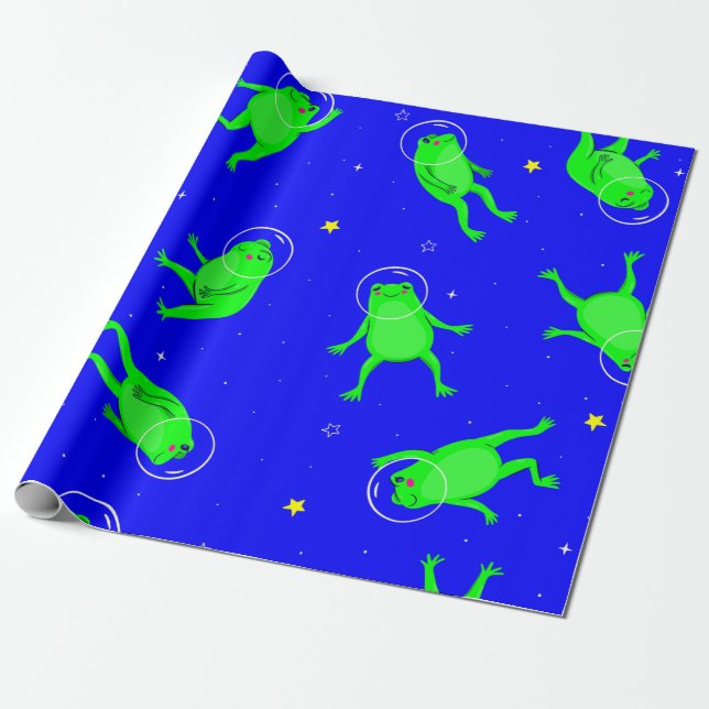 Papel De Regalo astronauta gracioso espacio de ranas azul (Desenrollado)