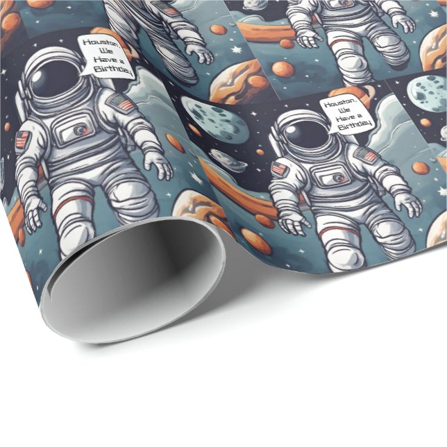 Papel De Regalo Astronauta Houston, ¡Tenemos Un Cumpleaños! (Esquina del rollo)