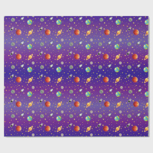 Papel De Regalo Astronauta Temático Espacial, Nave Cohete y Planet