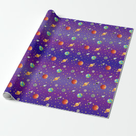 Papel De Regalo Astronauta Temático Espacial, Nave Cohete y Planet