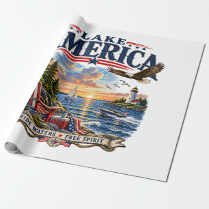 Papel De Regalo Atardecer patriótico águila en el lago América