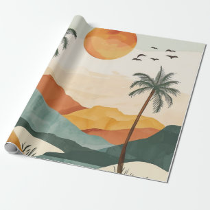 Papel De Regalo Atardecer Retro Tropical Montañoso Naranja Dorado