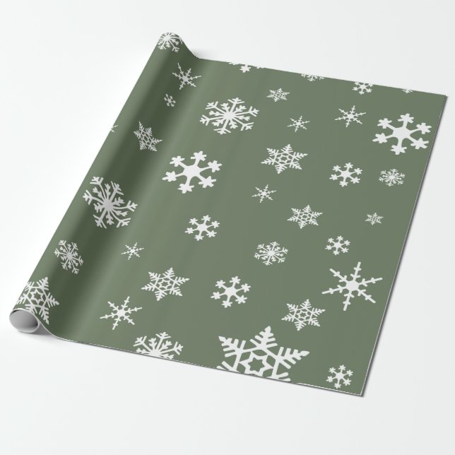 Papel De Regalo Audaces copos de nieve blancos en verde oliva, fer (Desenrollado)