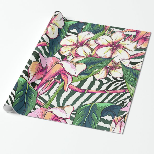 Papel De Regalo Audaz HAWAIIAN Floral Monstera Leaves & Plumeria (Desenrollado)