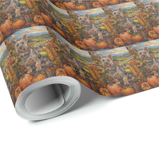 Papel De Regalo Australia Terrier otoño cosecha Acción de Gracias (Esquina del rollo)