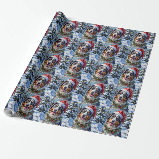 Papel De Regalo Australian Shepherd Merle Winter Christmas Art (Desenrollado)