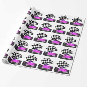 Papel De Regalo Auto de carreras Girly Pink con bandera verificada