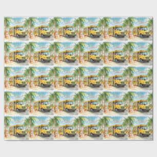 Papel De Regalo Autobús Escolar Tropical de Navidad con Santa