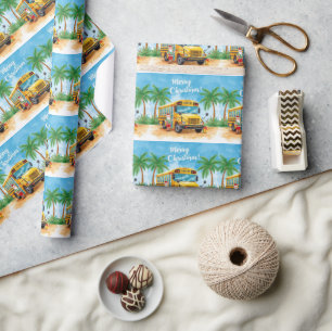 Papel De Regalo Autobús Escolar Tropical de Navidad con Santa
