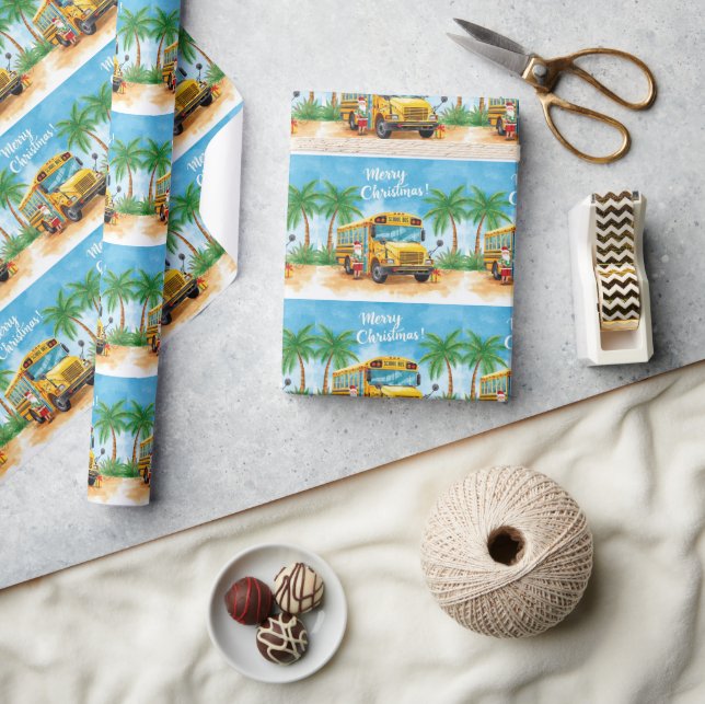 Papel De Regalo Autobús Escolar Tropical de Navidad con Santa (Artesanía)