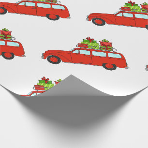 Papel De Regalo Automóvil de Navidades retro dibujado a mano