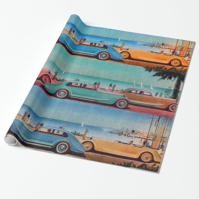 PAPEL DE REGALO AUTOS CLÁSICOS EN LA CARRETERA LATERAL (Desenrollado)