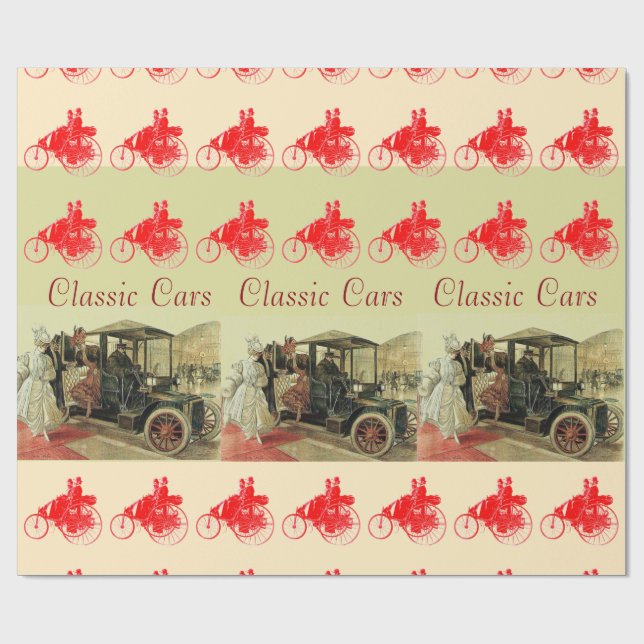 Papel De Regalo AUTOS CLÁSICOS, VINTAJES CON ELEGANTES MUJERES Roj (Superficie plana)