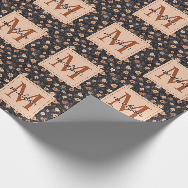 Papel De Regalo Autumk Dark Moody Terracotta Floral Monograma Nomb (Esquina)