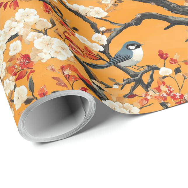 Papel De Regalo Autumn Orange Floral Birds Chinoiserie (Esquina del rollo)